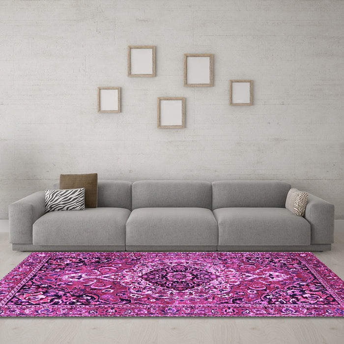 Machine Washable Medallion Purple Traditional Area Rugs in a Living Room, wshtr3352pur