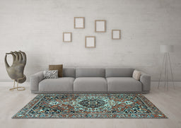 Machine Washable Medallion Light Blue Traditional Rug in a Living Room, wshtr3352lblu