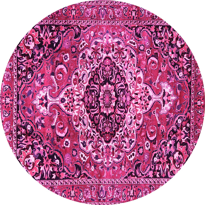 Round Machine Washable Medallion Pink Traditional Rug, wshtr3352pnk
