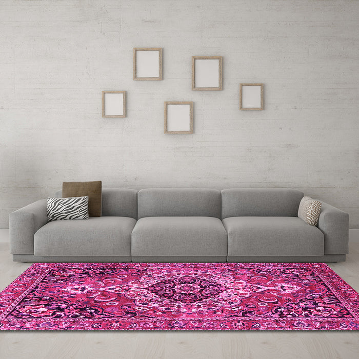 Machine Washable Medallion Pink Traditional Rug in a Living Room, wshtr3352pnk
