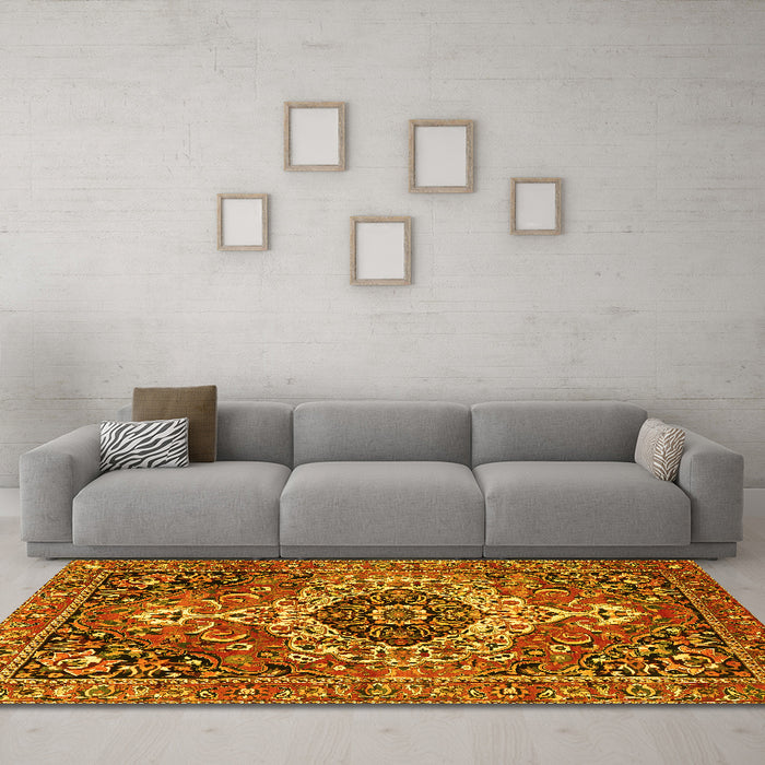Machine Washable Medallion Yellow Traditional Rug in a Living Room, wshtr3352yw