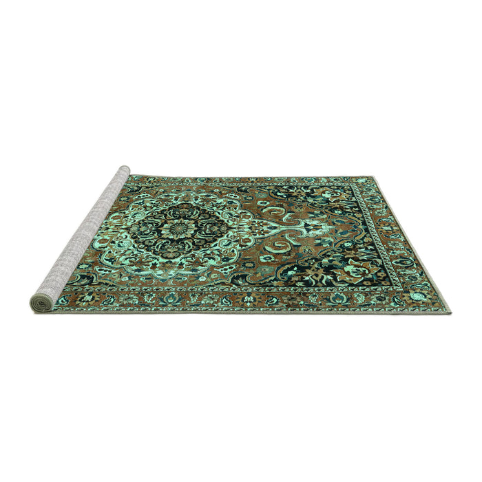 Sideview of Machine Washable Medallion Turquoise Traditional Area Rugs, wshtr3352turq