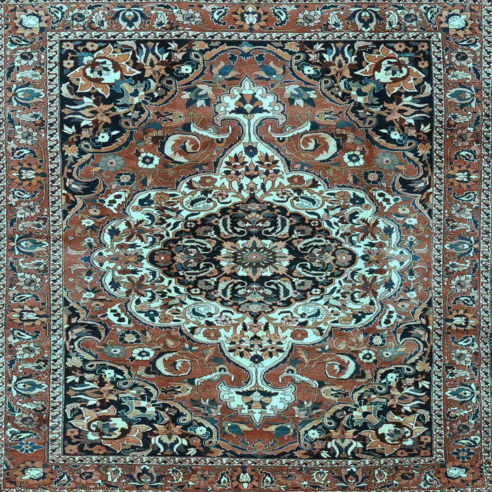 Square Machine Washable Medallion Light Blue Traditional Rug, wshtr3352lblu