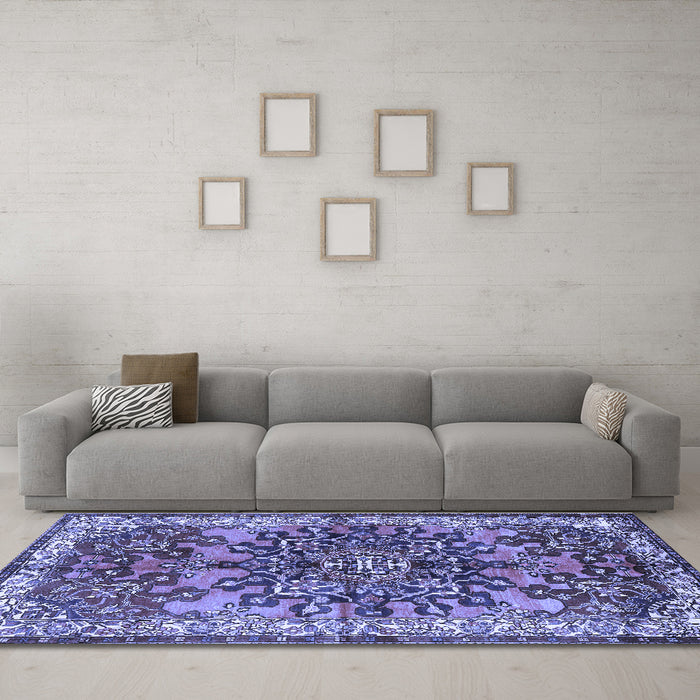 Machine Washable Medallion Blue Traditional Rug in a Living Room, wshtr3353blu