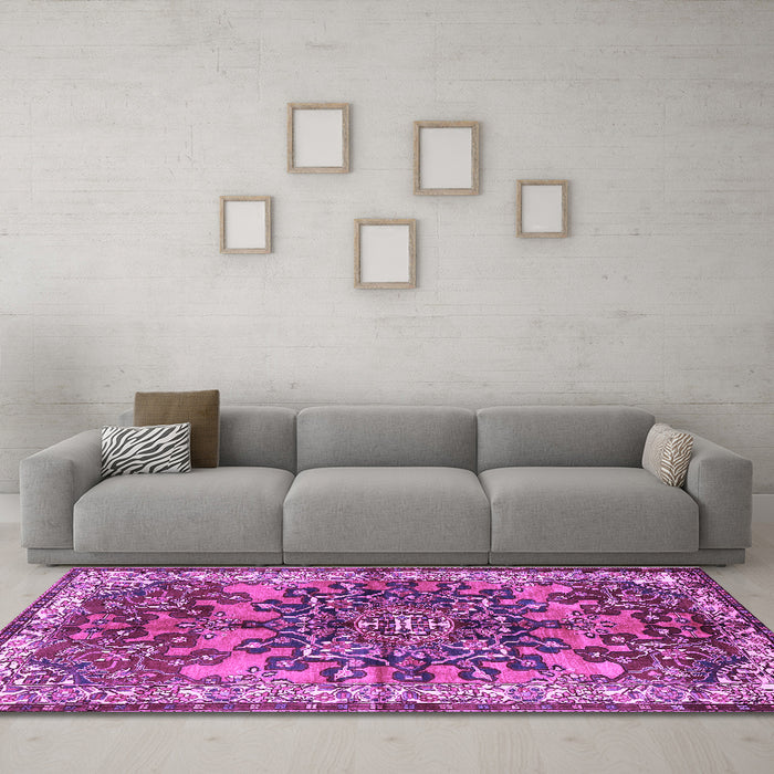 Machine Washable Medallion Purple Traditional Area Rugs in a Living Room, wshtr3353pur