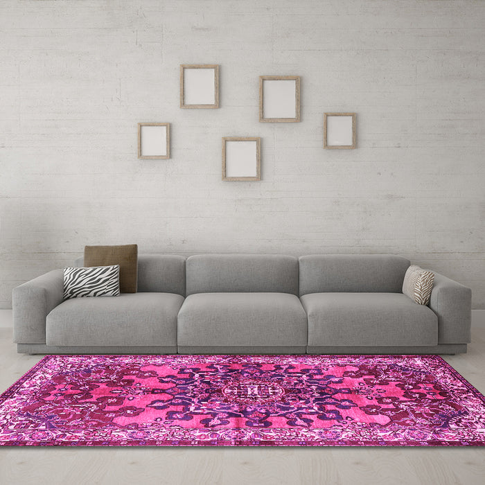 Machine Washable Medallion Pink Traditional Rug in a Living Room, wshtr3353pnk