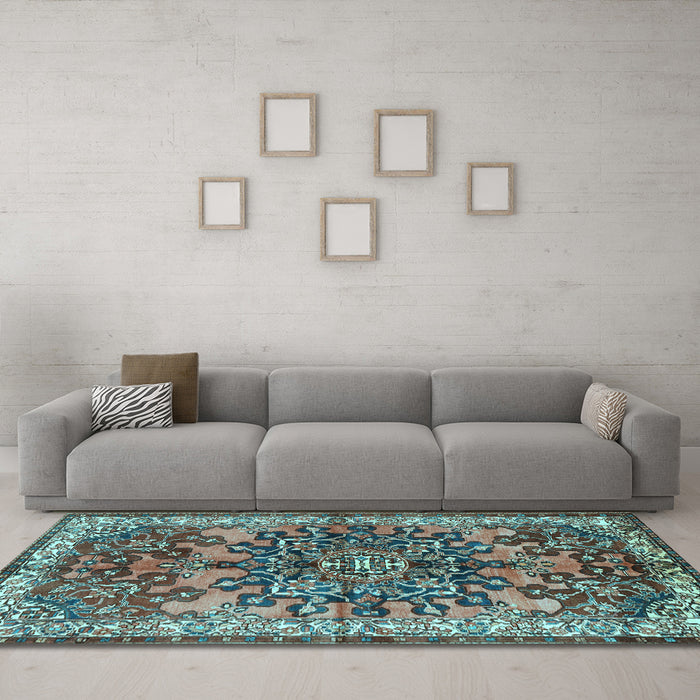 Machine Washable Medallion Light Blue Traditional Rug in a Living Room, wshtr3353lblu