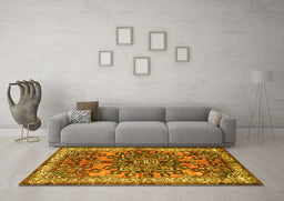 Machine Washable Medallion Yellow Traditional Rug in a Living Room, wshtr3353yw