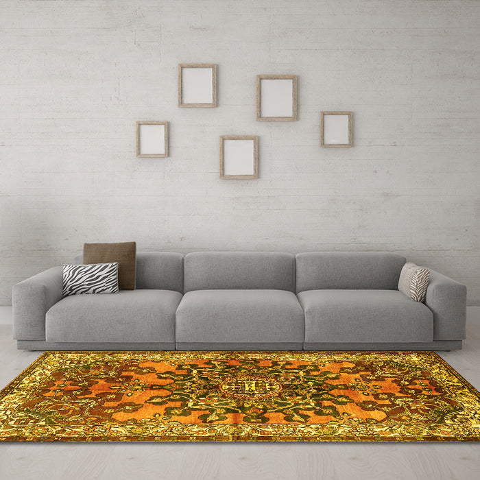 Machine Washable Medallion Yellow Traditional Rug in a Living Room, wshtr3353yw