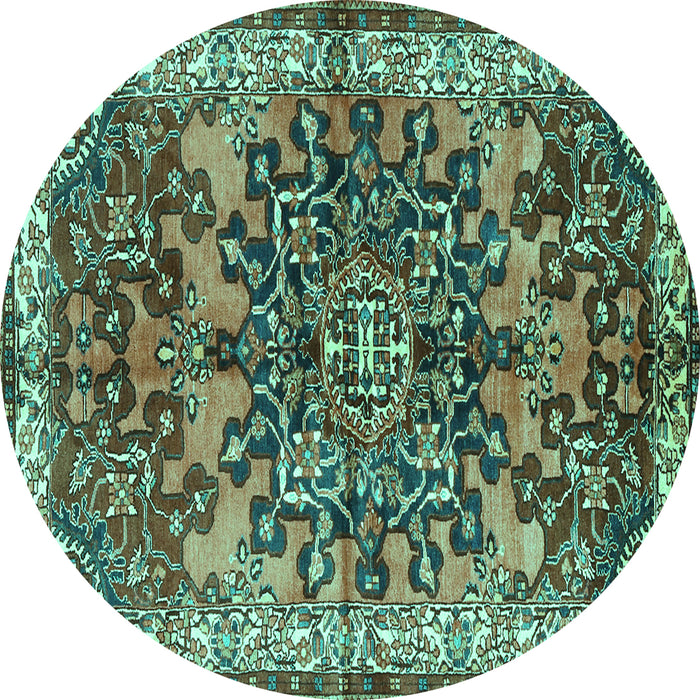 Round Machine Washable Medallion Turquoise Traditional Area Rugs, wshtr3353turq