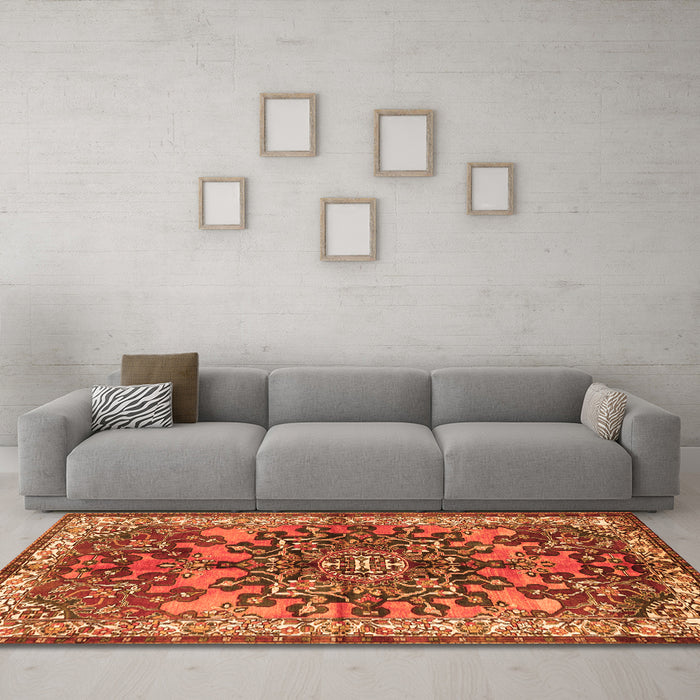 Machine Washable Medallion Orange Traditional Area Rugs in a Living Room, wshtr3353org