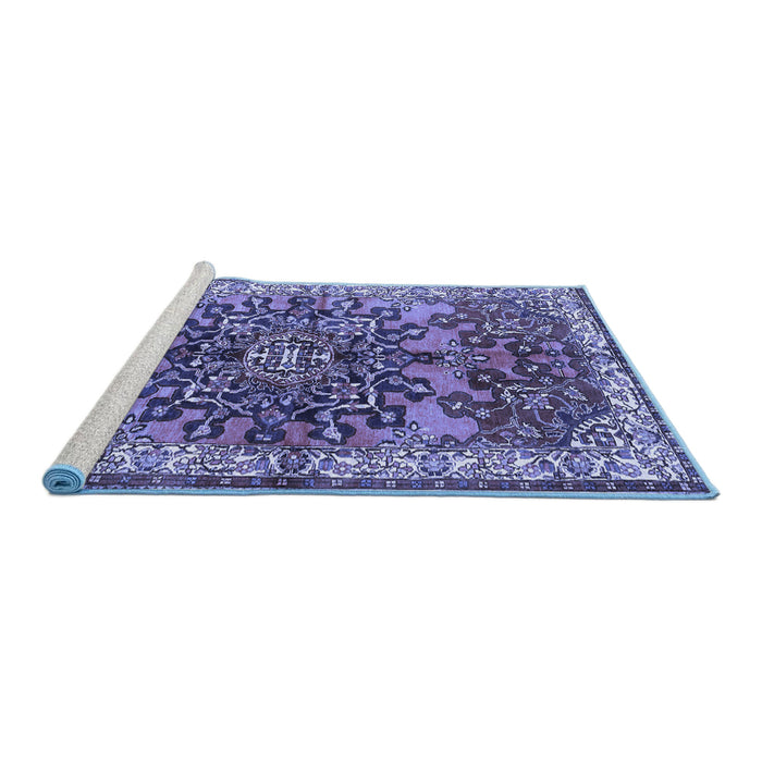 Sideview of Machine Washable Medallion Blue Traditional Rug, wshtr3353blu