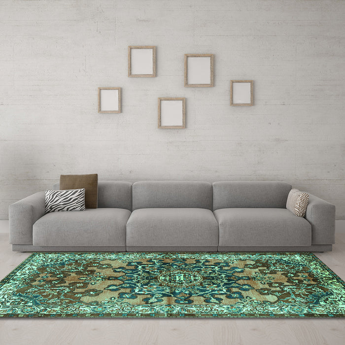 Machine Washable Medallion Turquoise Traditional Area Rugs in a Living Room,, wshtr3353turq