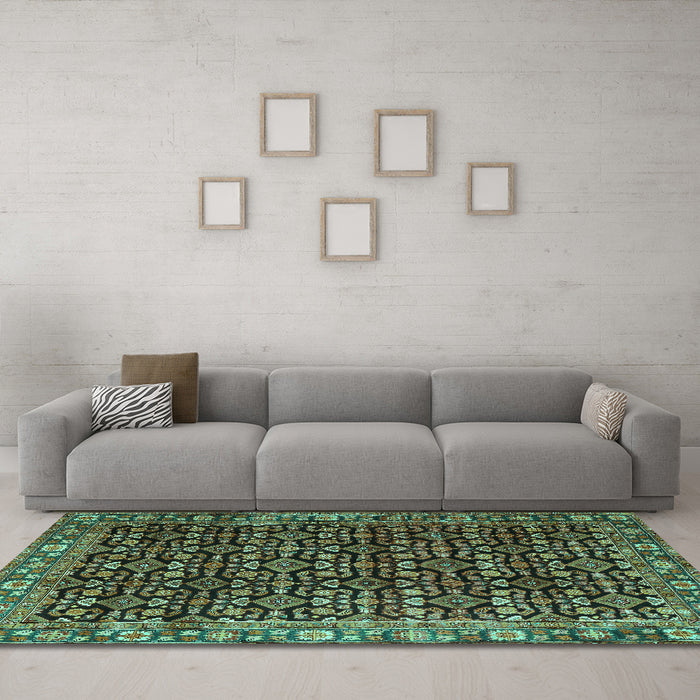 Machine Washable Persian Turquoise Traditional Area Rugs in a Living Room,, wshtr3354turq