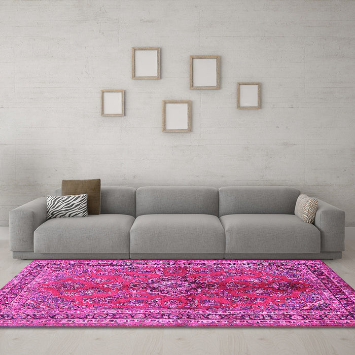 Machine Washable Medallion Pink Traditional Rug in a Living Room, wshtr3355pnk