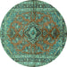 Round Machine Washable Medallion Turquoise Traditional Area Rugs, wshtr3355turq