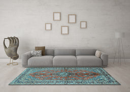 Machine Washable Medallion Light Blue Traditional Rug in a Living Room, wshtr3355lblu