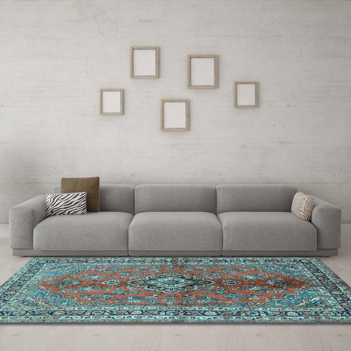 Machine Washable Medallion Light Blue Traditional Rug in a Living Room, wshtr3355lblu