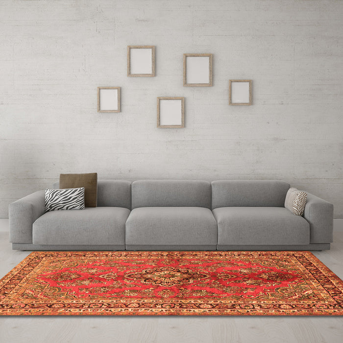 Machine Washable Medallion Orange Traditional Area Rugs in a Living Room, wshtr3355org