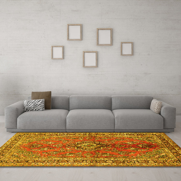 Machine Washable Medallion Yellow Traditional Rug in a Living Room, wshtr3355yw