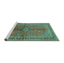 Sideview of Machine Washable Medallion Turquoise Traditional Area Rugs, wshtr3355turq
