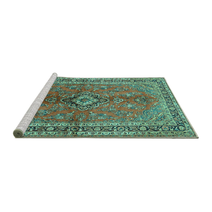 Sideview of Machine Washable Medallion Turquoise Traditional Area Rugs, wshtr3355turq