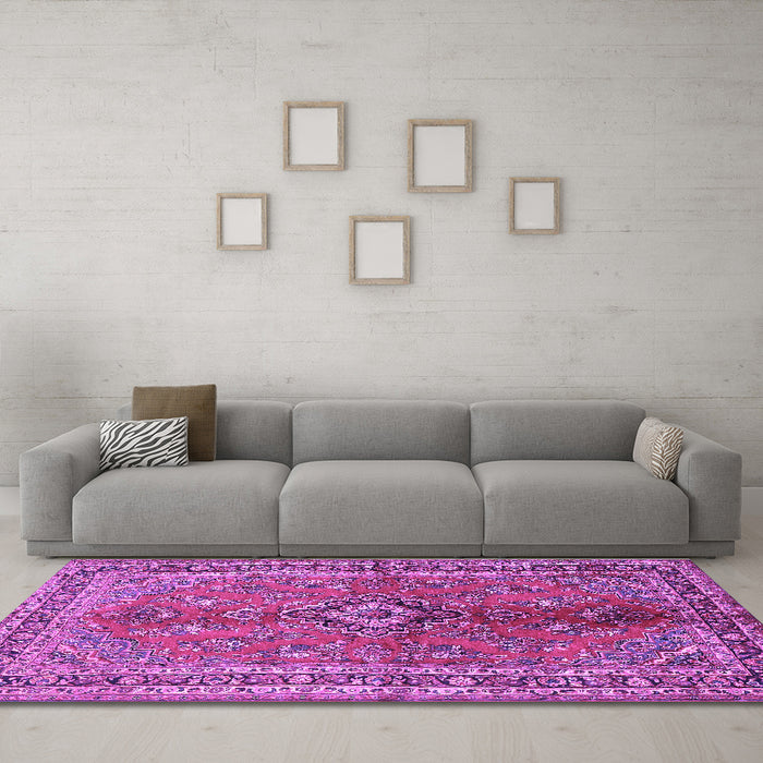Machine Washable Medallion Purple Traditional Area Rugs in a Living Room, wshtr3355pur