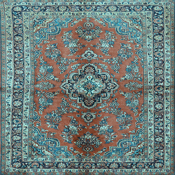 Square Machine Washable Medallion Light Blue Traditional Rug, wshtr3355lblu