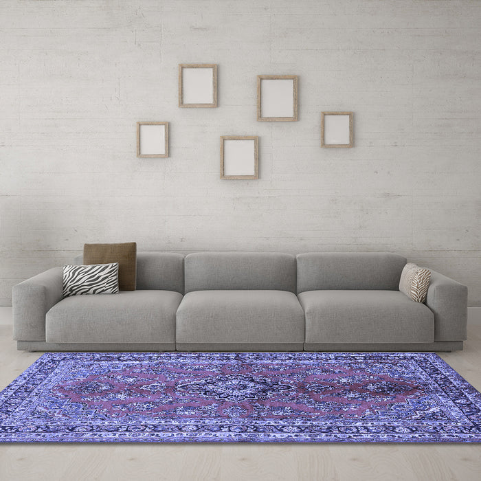 Machine Washable Medallion Blue Traditional Rug in a Living Room, wshtr3355blu