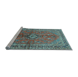 Sideview of Machine Washable Medallion Light Blue Traditional Rug, wshtr3355lblu