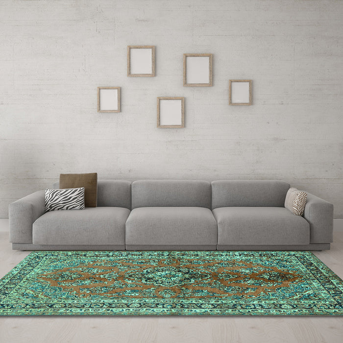 Machine Washable Medallion Turquoise Traditional Area Rugs in a Living Room,, wshtr3355turq