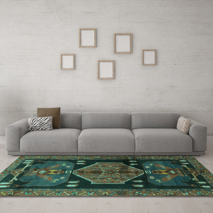 Machine Washable Animal Turquoise Traditional Area Rugs in a Living Room,, wshtr3356turq