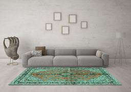 Machine Washable Medallion Turquoise Traditional Area Rugs in a Living Room,, wshtr3357turq