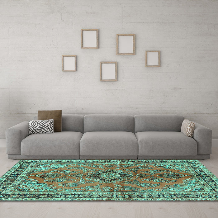 Machine Washable Medallion Turquoise Traditional Area Rugs in a Living Room,, wshtr3357turq