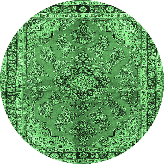 Round Machine Washable Medallion Emerald Green Traditional Area Rugs, wshtr3357emgrn