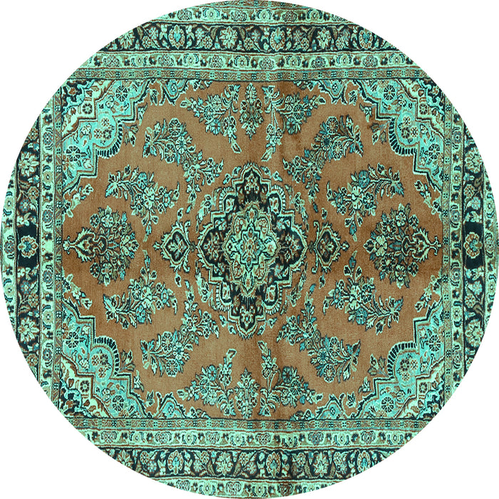 Round Machine Washable Medallion Turquoise Traditional Area Rugs, wshtr3357turq