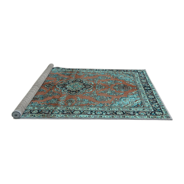 Sideview of Machine Washable Medallion Light Blue Traditional Rug, wshtr3357lblu