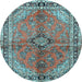 Round Machine Washable Medallion Light Blue Traditional Rug, wshtr3357lblu