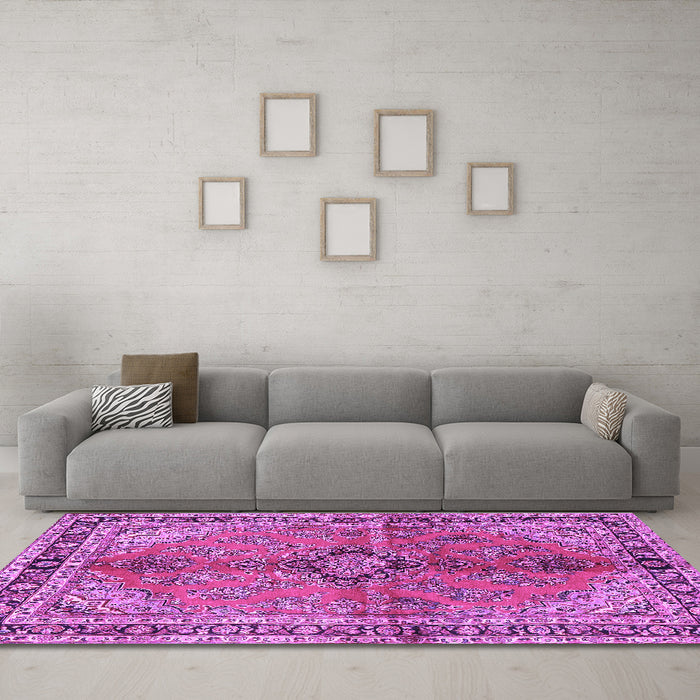 Machine Washable Medallion Purple Traditional Area Rugs in a Living Room, wshtr3357pur