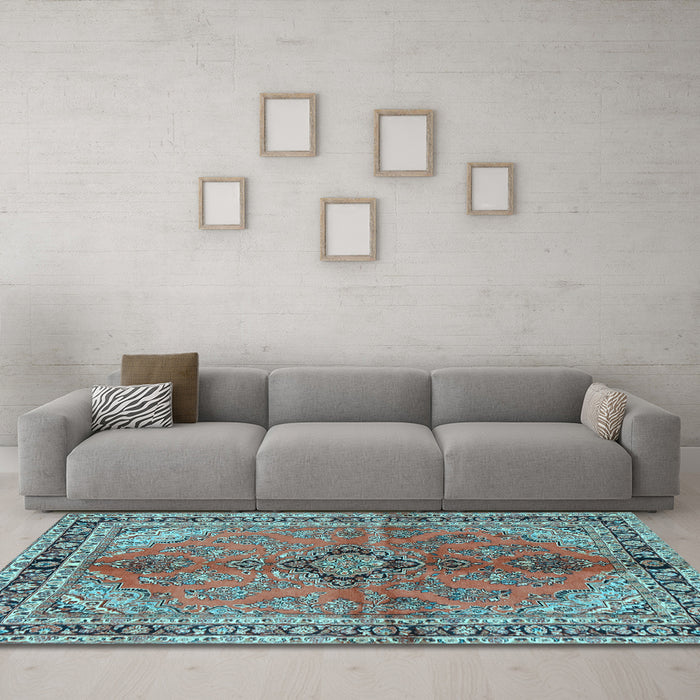 Machine Washable Medallion Light Blue Traditional Rug in a Living Room, wshtr3357lblu
