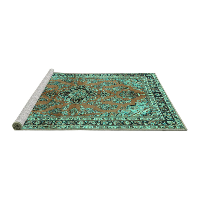 Sideview of Machine Washable Medallion Turquoise Traditional Area Rugs, wshtr3357turq