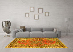 Machine Washable Medallion Yellow Traditional Rug in a Living Room, wshtr3357yw