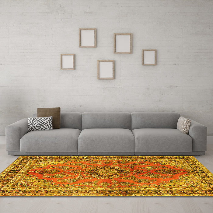 Machine Washable Medallion Yellow Traditional Rug in a Living Room, wshtr3357yw