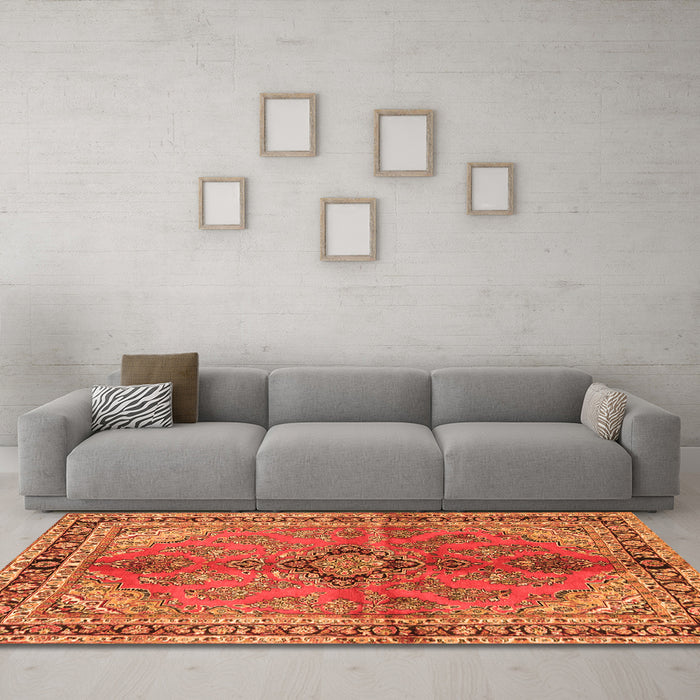 Machine Washable Medallion Orange Traditional Area Rugs in a Living Room, wshtr3357org