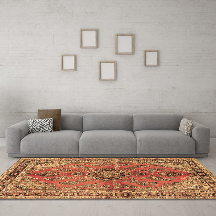 Machine Washable Medallion Brown Traditional Rug in a Living Room,, wshtr3357brn
