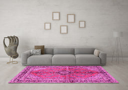 Machine Washable Medallion Pink Traditional Rug in a Living Room, wshtr3357pnk