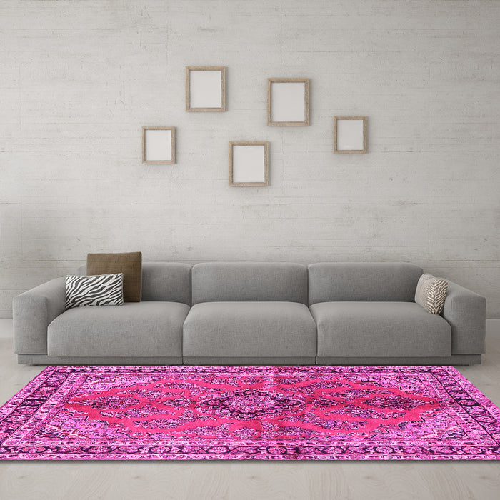 Machine Washable Medallion Pink Traditional Rug in a Living Room, wshtr3357pnk