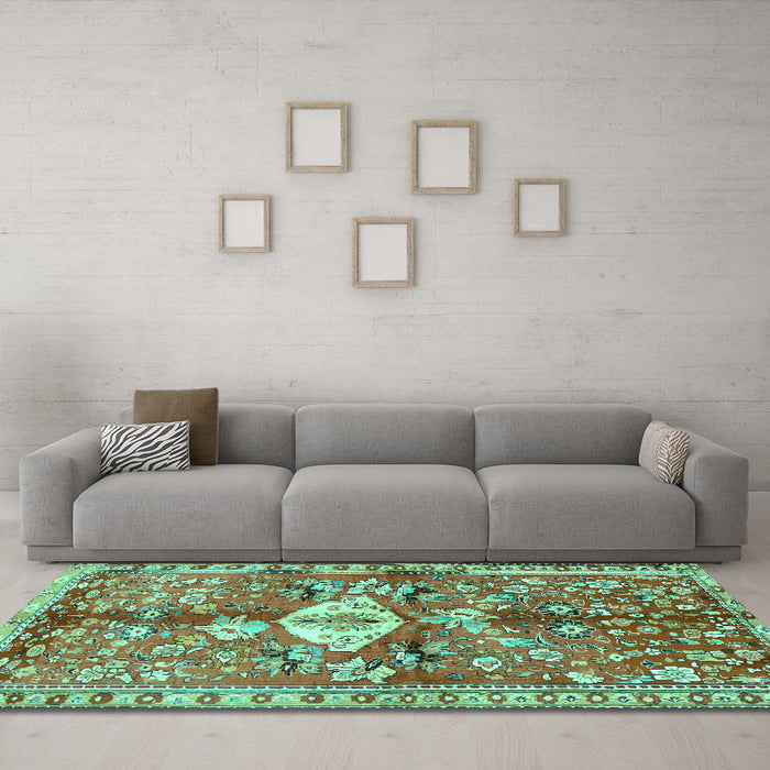 Machine Washable Animal Turquoise Traditional Area Rugs in a Living Room,, wshtr3359turq