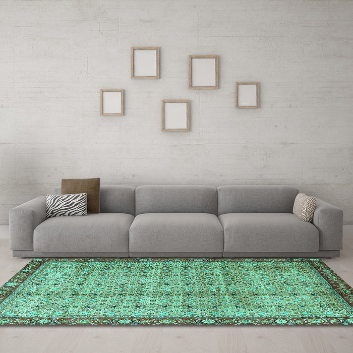 Machine Washable Persian Turquoise Traditional Area Rugs in a Living Room,, wshtr3360turq