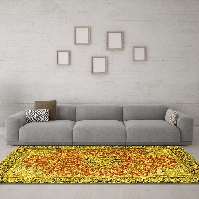 Machine Washable Persian Yellow Traditional Rug in a Living Room, wshtr3361yw